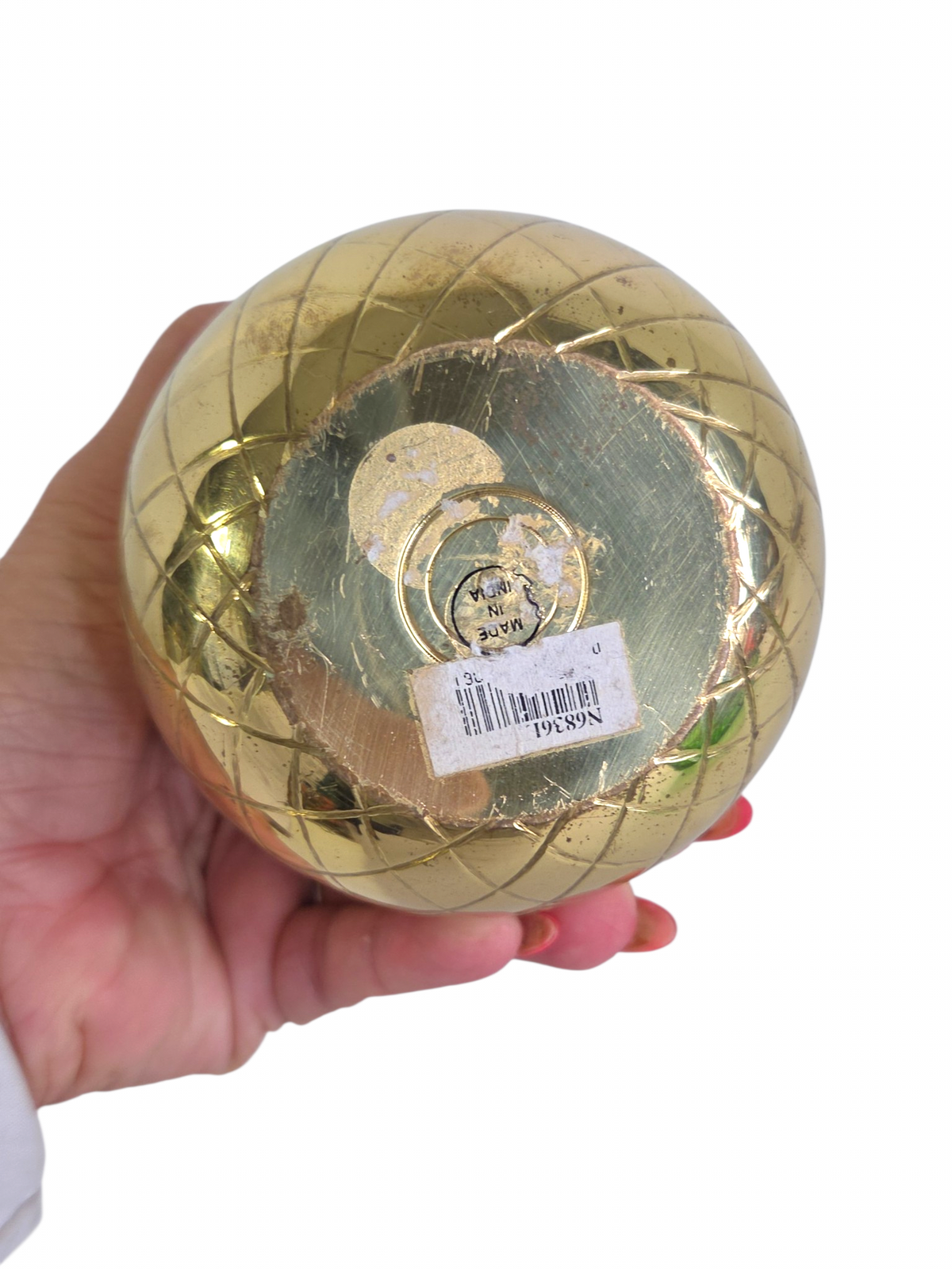 Oddly Darling Vintage brass pineapple container base showing diamond-etched texture and Made in India sticker
