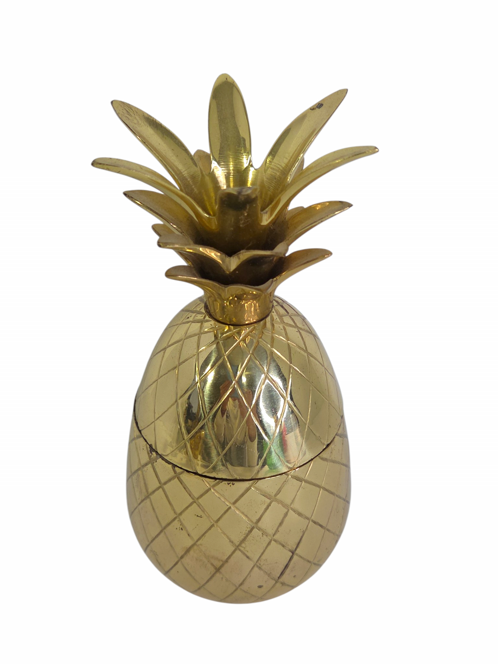 Oddly Darling Vintage Hollywood Regency brass pineapple trinket or candy jar with sculpted leafy crown.