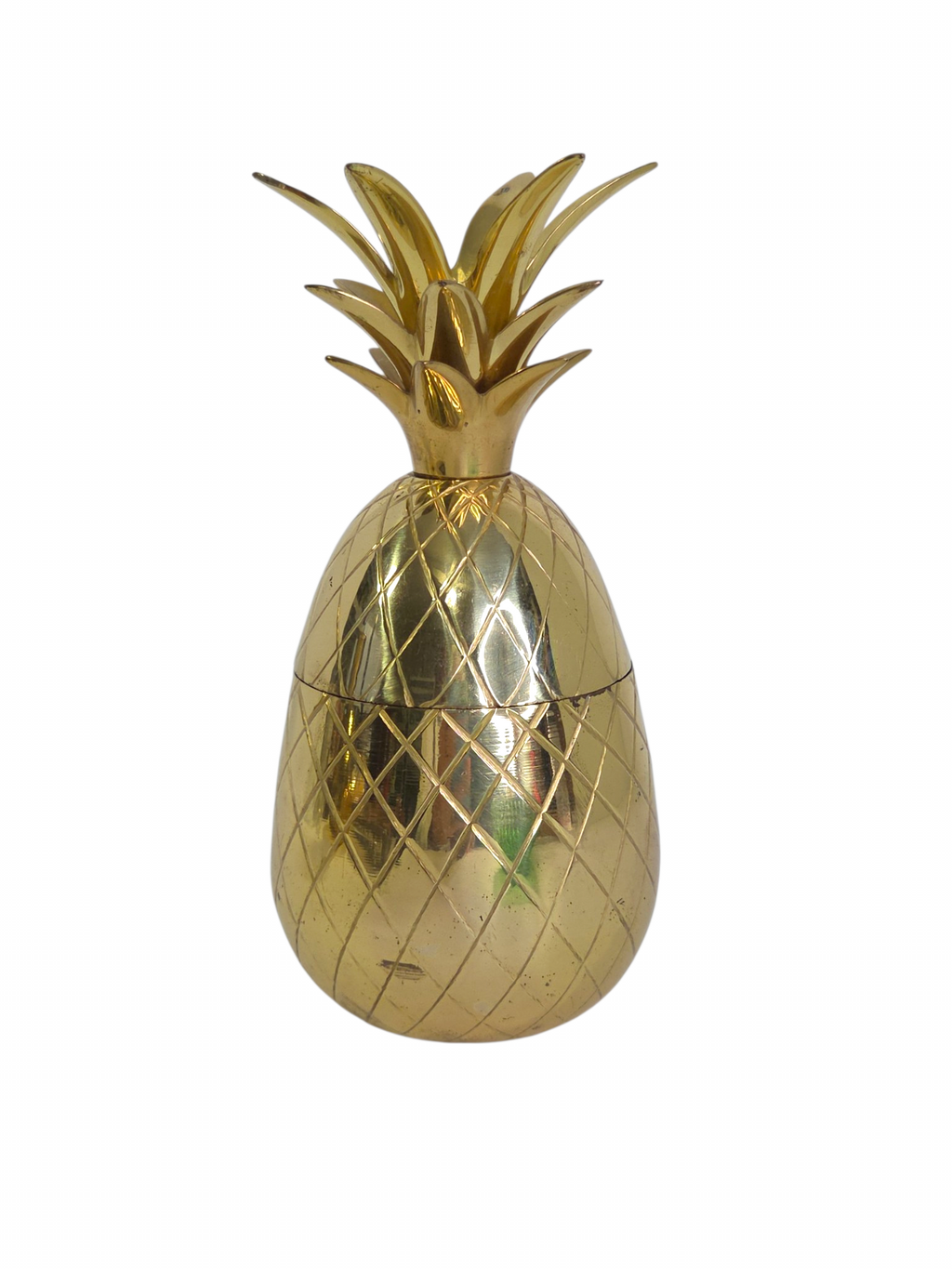 Oddly Darling Vintage 8 inch solid brass pineapple container with diamond-etched texture.