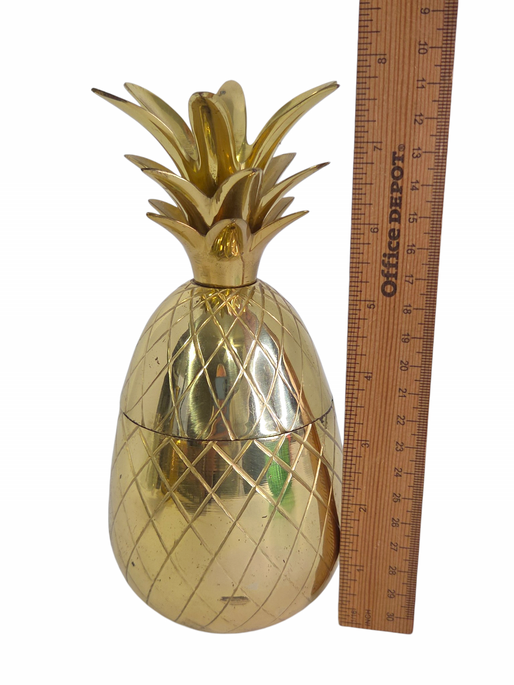 Oddly Darling Vintage brass pineapple candy jar with removable leafy crown lid.