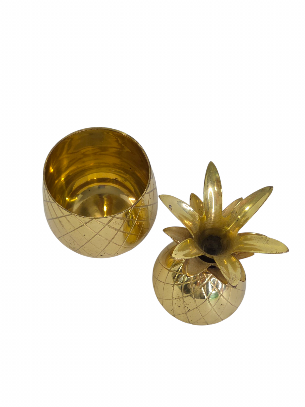Oddly Darling Vintage brass pineapple lidded container with the leafy lid removed.