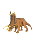 Mattel Jurassic World Pentaceratops dinosaur figure in brown with cream horns and a tall spiked frill, side view