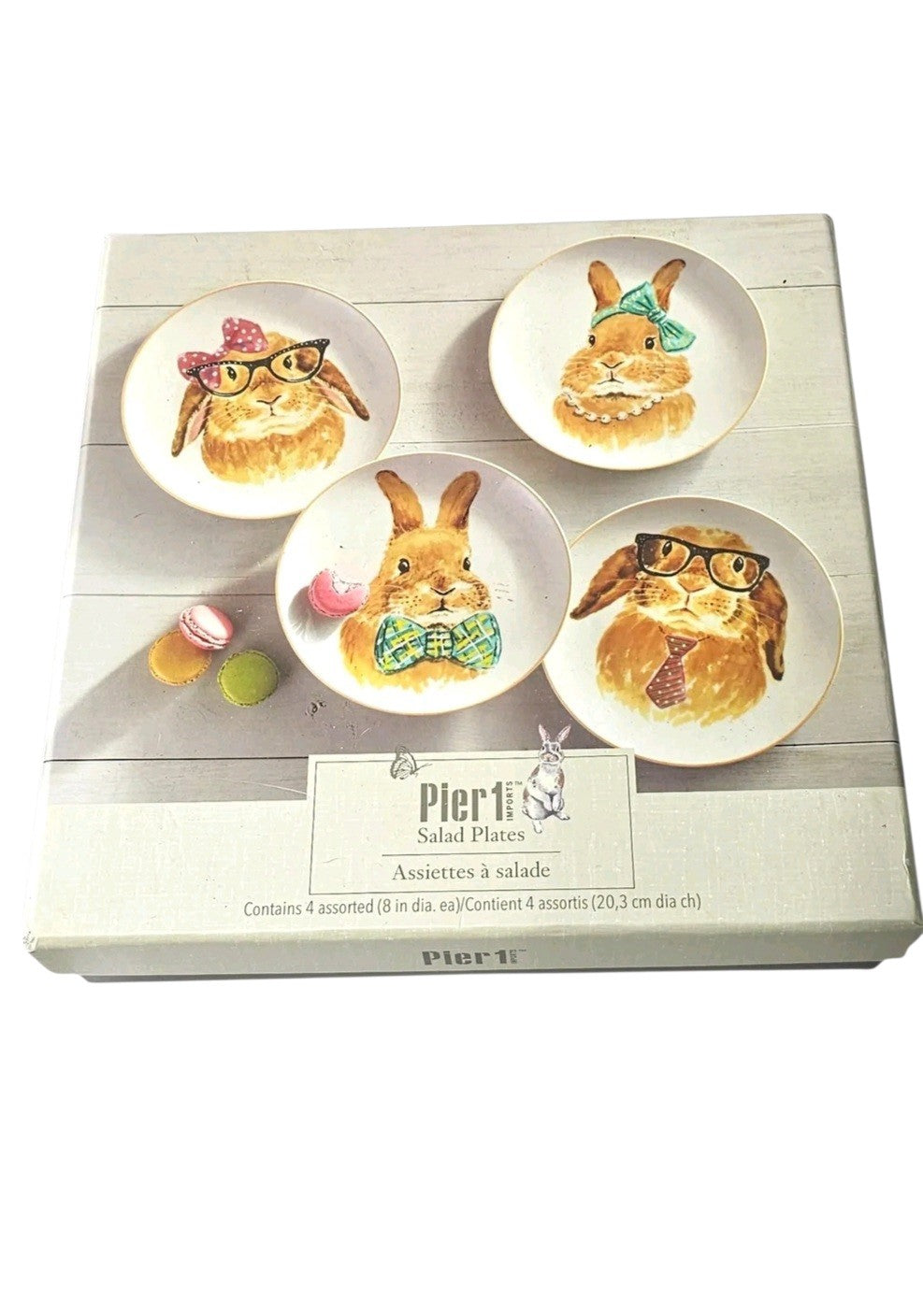 Oddly Darling Vintage set of four Pier 1 Imports porcelain salad plates featuring whimsical watercolor bunny rabbits