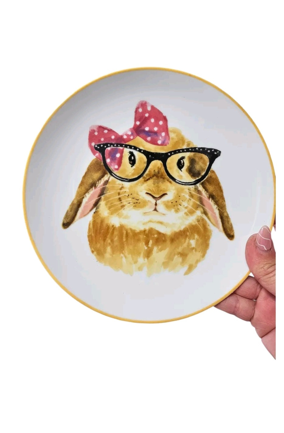 Oddly Darling Vintage porcelain salad plate featuring a watercolor bunny wearing glasses and a polka-dot bow