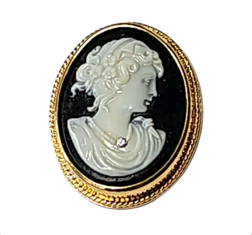 Oddly Darling Vintage cameo brooch featuring a white profile portrait on black with a gold rope-style frame and crystal