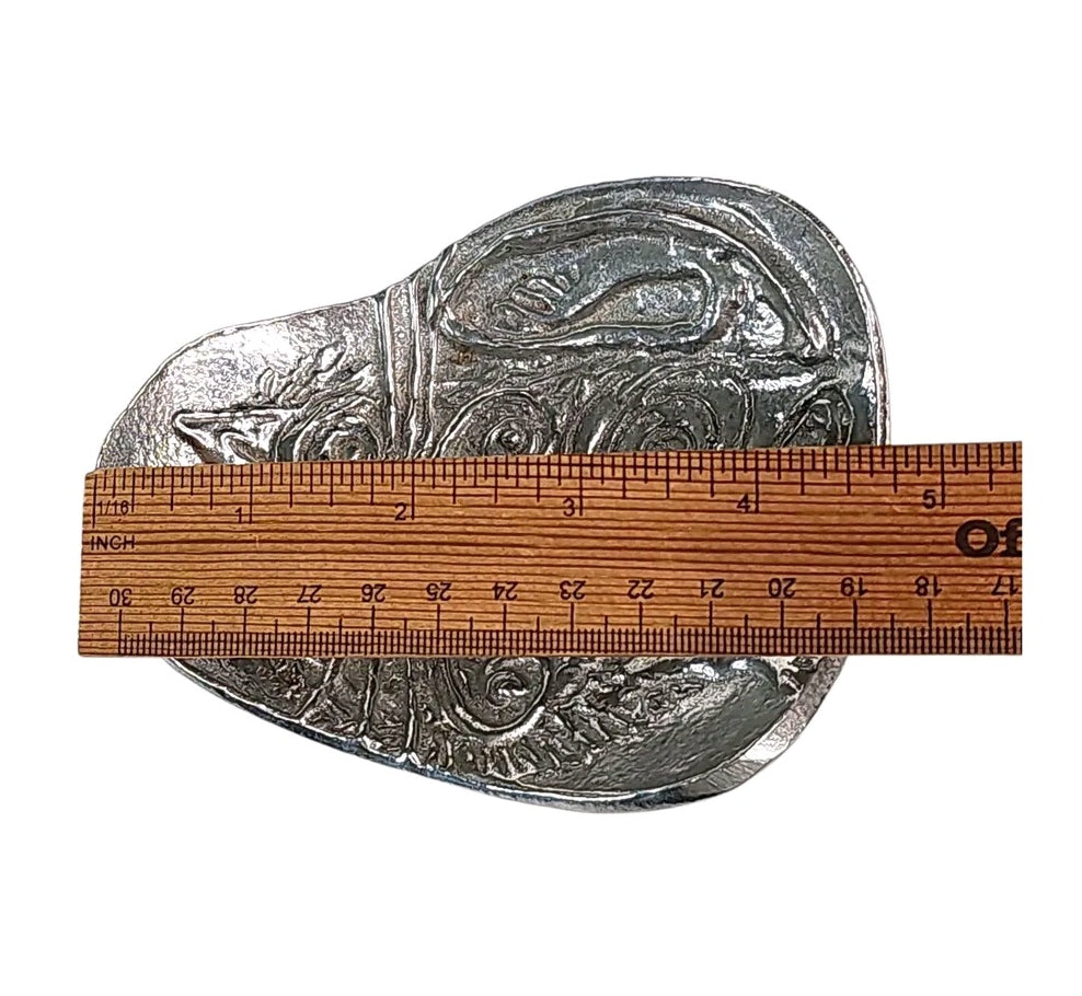 Oddly Darling Vintage silver-toned cast aluminum cat trinket dish with embossed feline design and measuring ruler