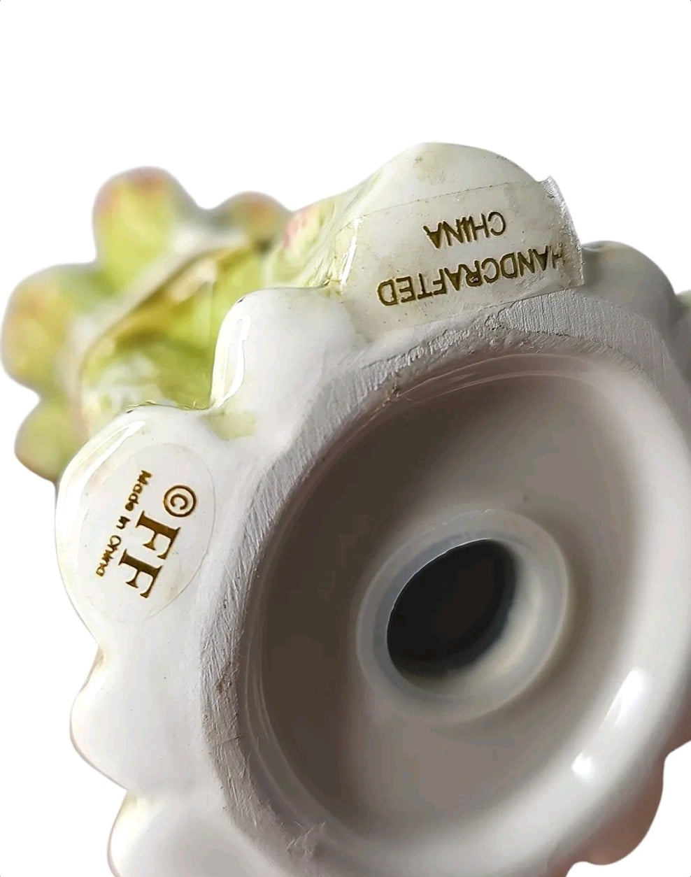 Oddly Darling Vintage ceramic asparagus salt and pepper shaker base showing handcrafted in China and FF maker mark