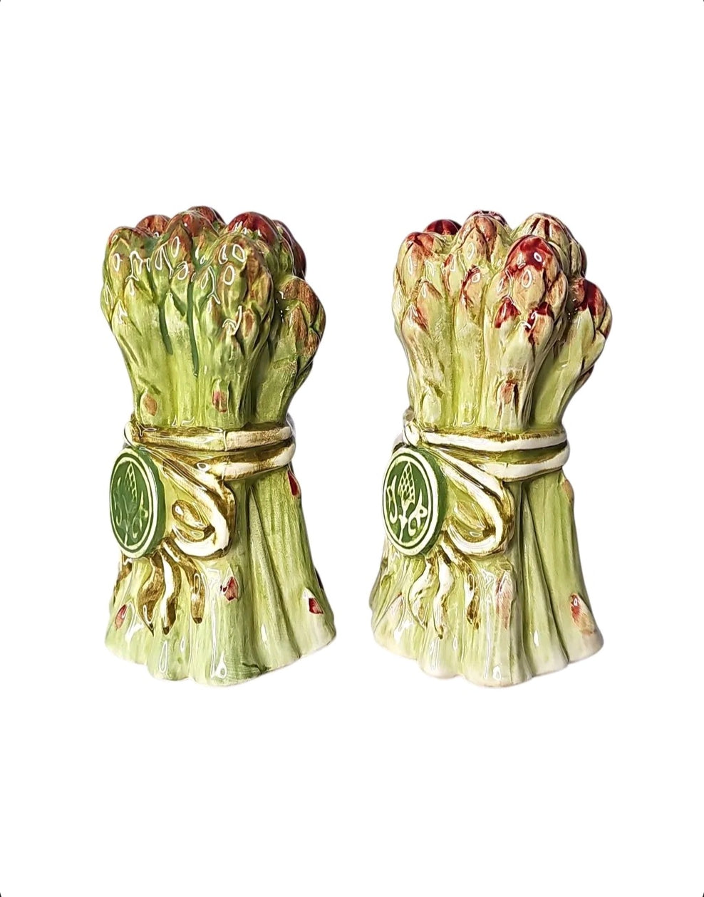 Oddly Darling Vintage ceramic asparagus salt and pepper shakers with hand-painted green stalks and decorative ribbons.