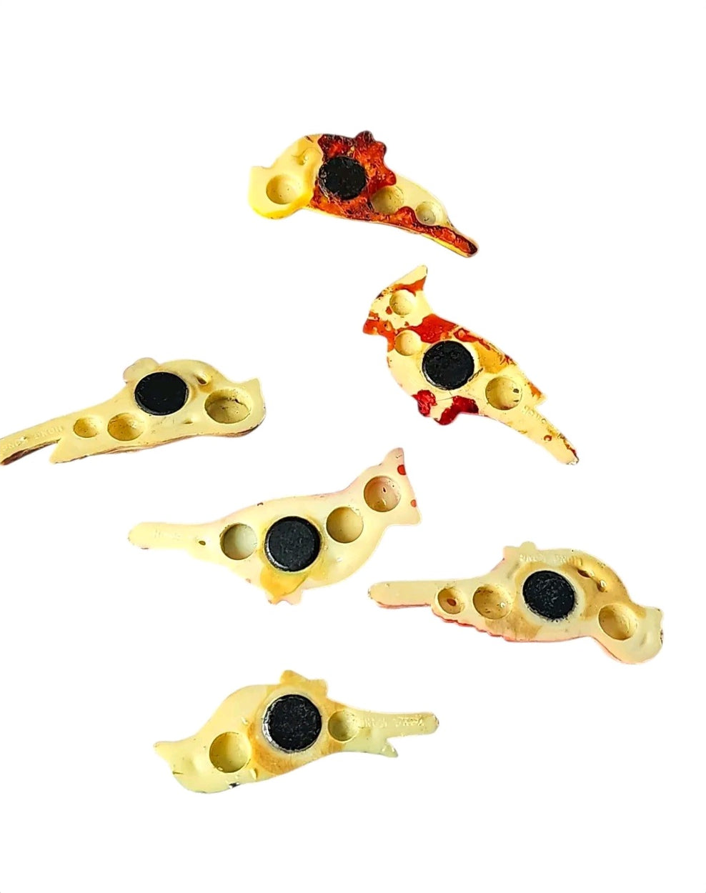 Oddly Darling Vintage set of six hand-painted ceramic bird magnets showing the magnetic back side