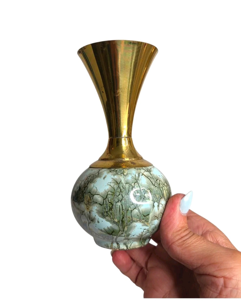 Oddly Darling Vintage bud vase with blue-green crackle-glazed ceramic base and polished brass flared neck