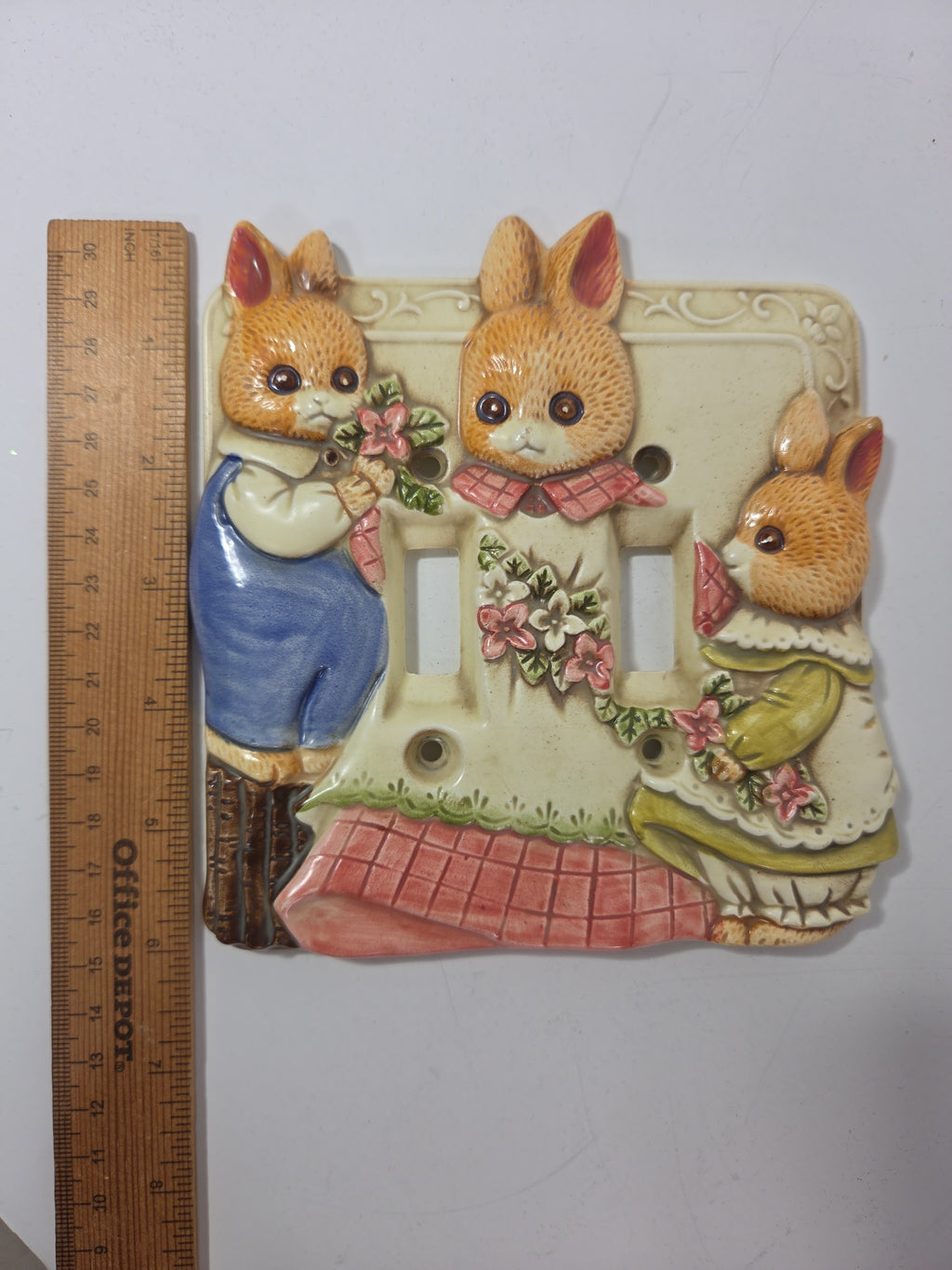 Oddly Darling Vintage ceramic double light switch plate featuring three hand-painted bunnies in cottagecore outfits.