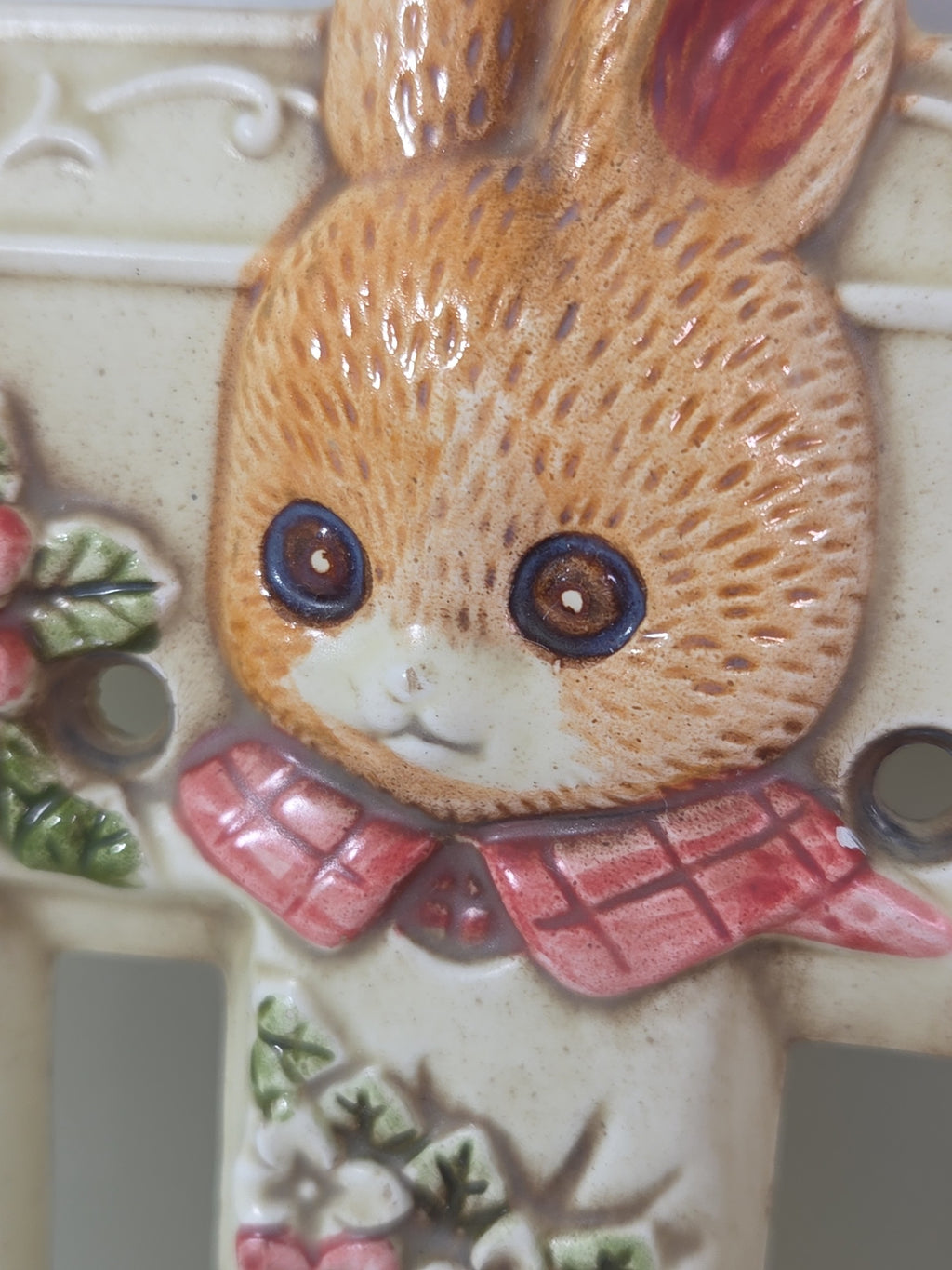 Oddly Darling Vintage ceramic double light switch plate featuring a hand-painted bunny in a checkered collar.