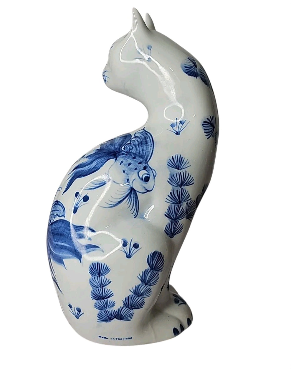 Oddly Darling Vintage ceramic cat figurine with blue and white hand-painted goldfish and botanical motifs.