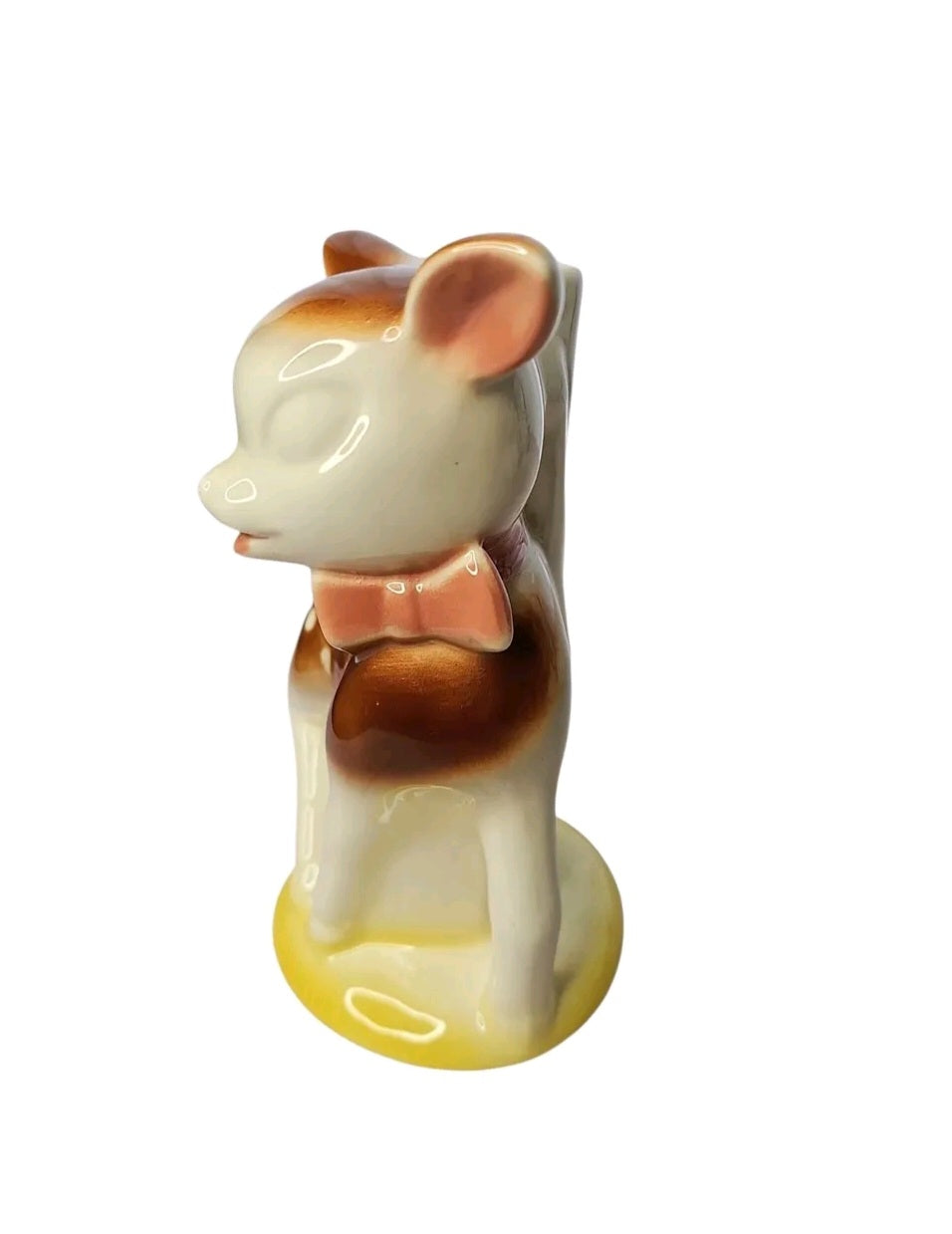 Oddly Darling Vintage ceramic fawn figurine planter with a glossy cream and brown finish and a dainty bow