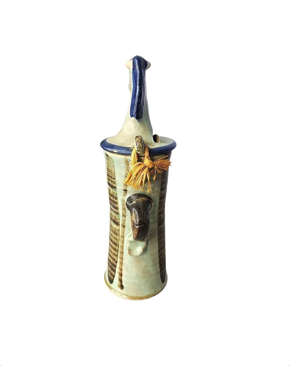 Oddly Darling Vintage handcrafted ceramic horse coin bank with sage green glaze, blue accents, and fiber tassel detail.