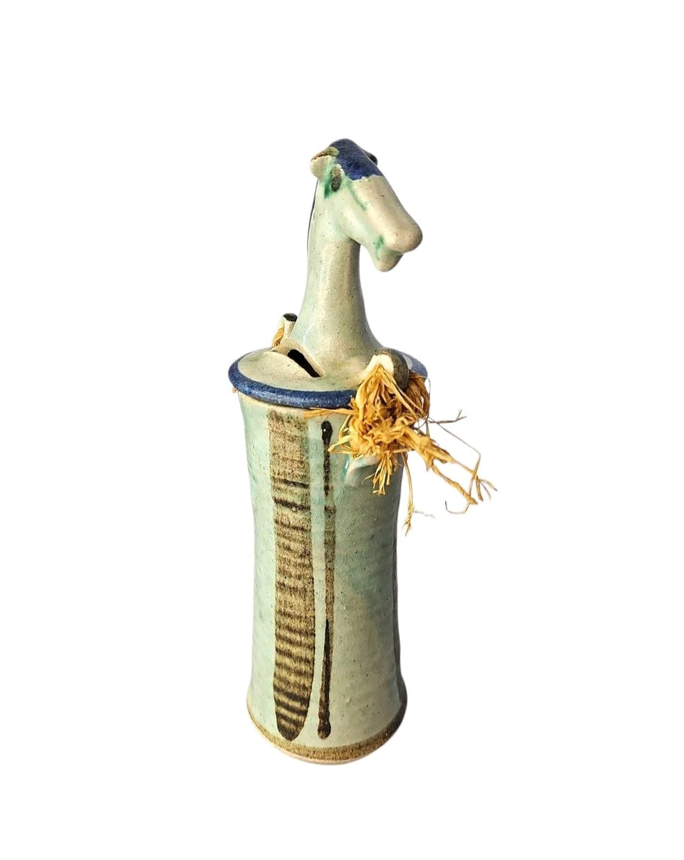 Oddly Darling Vintage handcrafted ceramic horse coin bank in sage green with blue accents and rustic fiber tassel