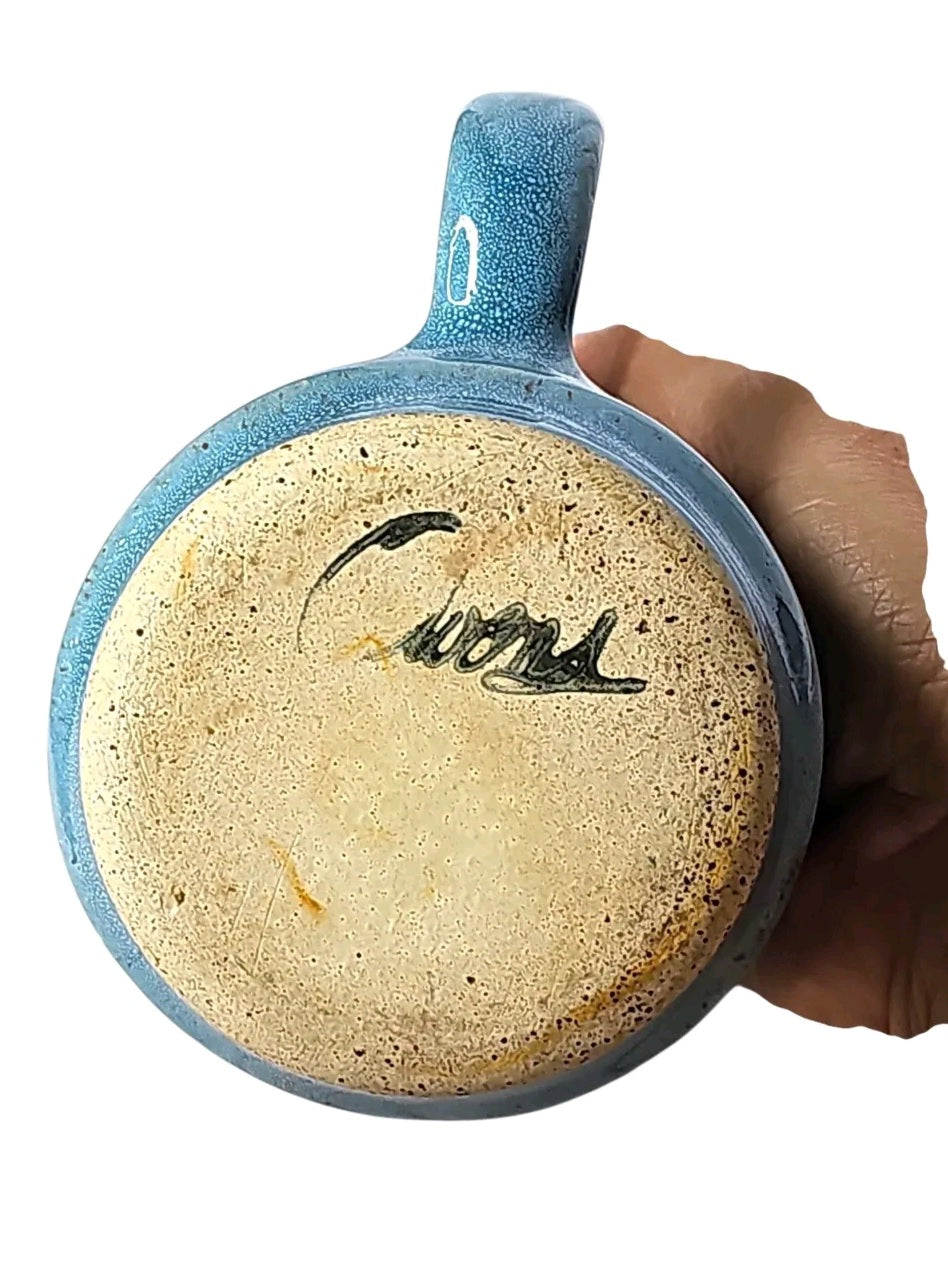 Oddly Darling Vintage handcrafted ceramic coffee mug base with blue textured glaze and artist signature