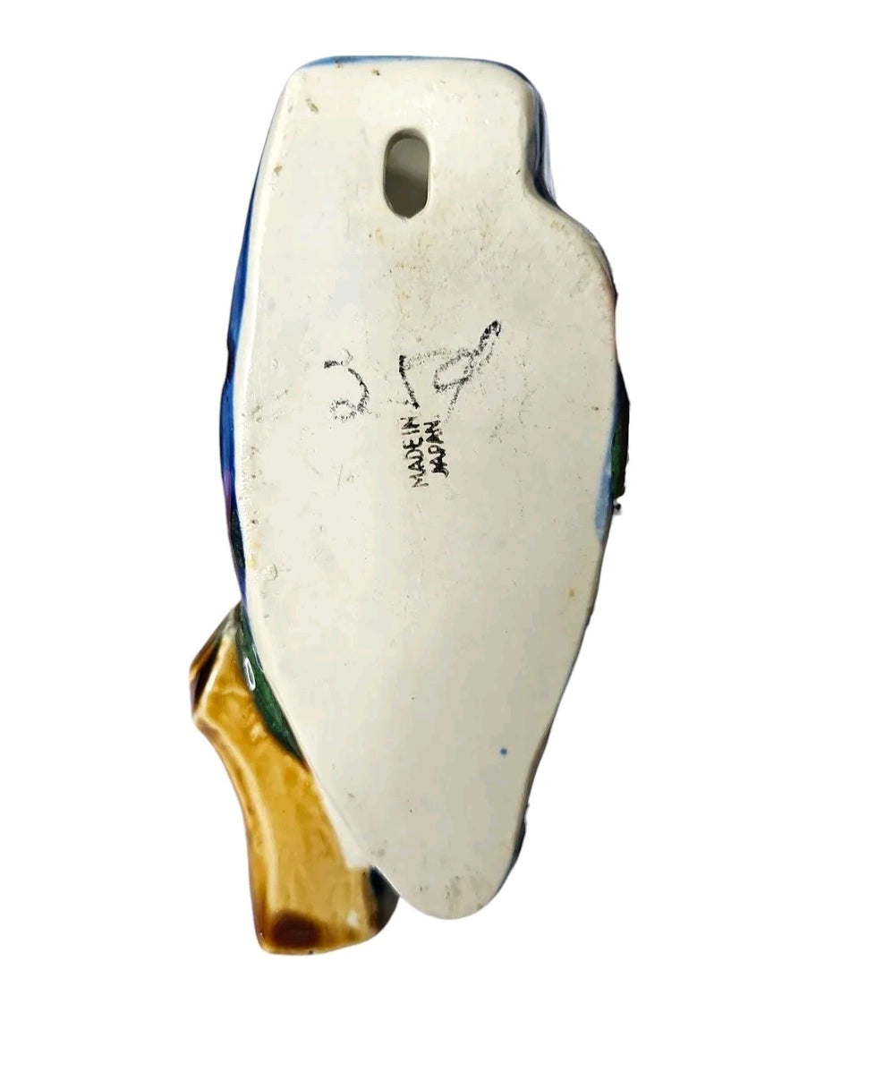 Oddly Darling Vintage ceramic owl wall pocket vase back view showing Made in Japan stamp and wall mounting hole
