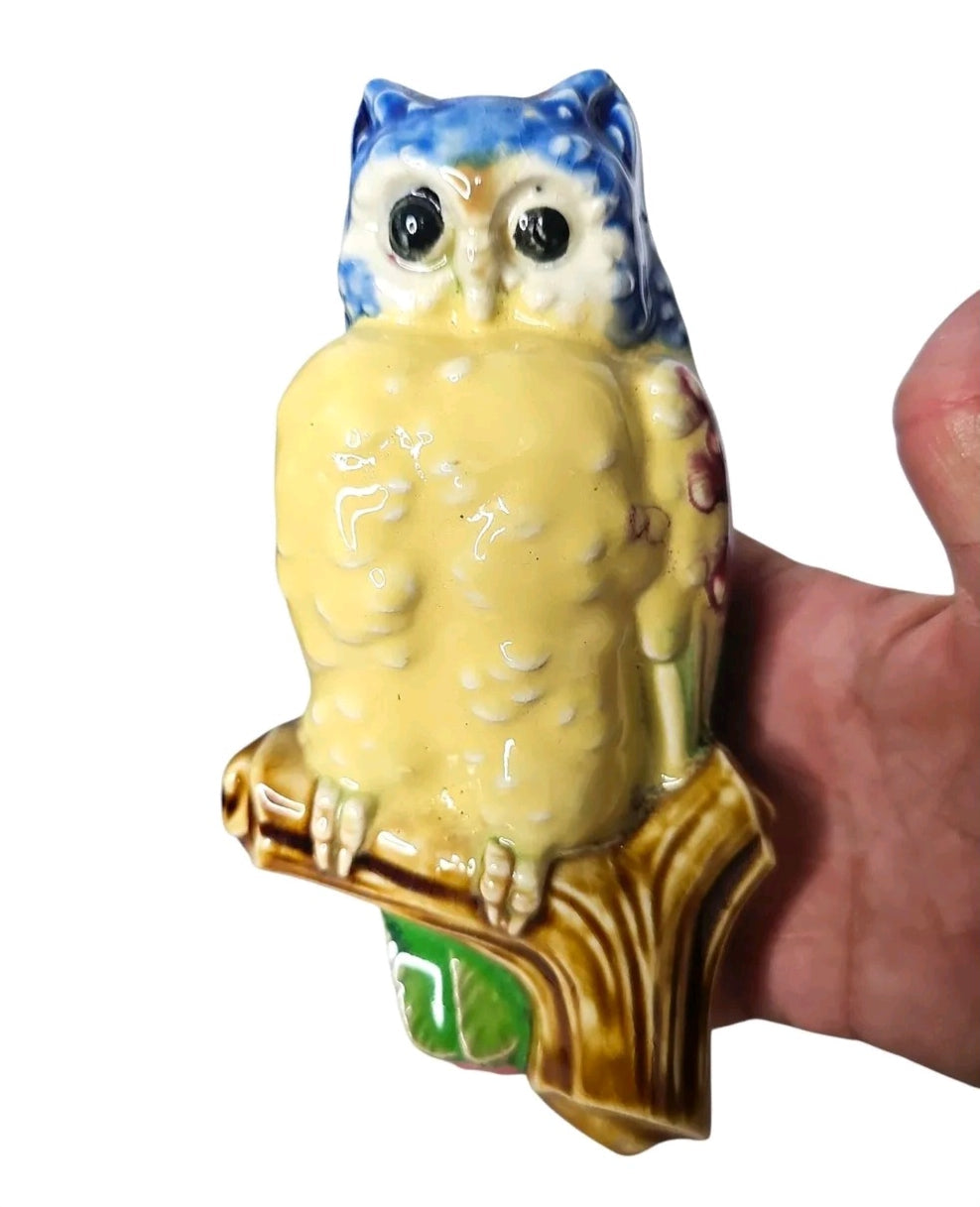 Oddly Darling Vintage ceramic owl wall pocket vase in yellow, blue, and brown with a glossy hand-painted finish.