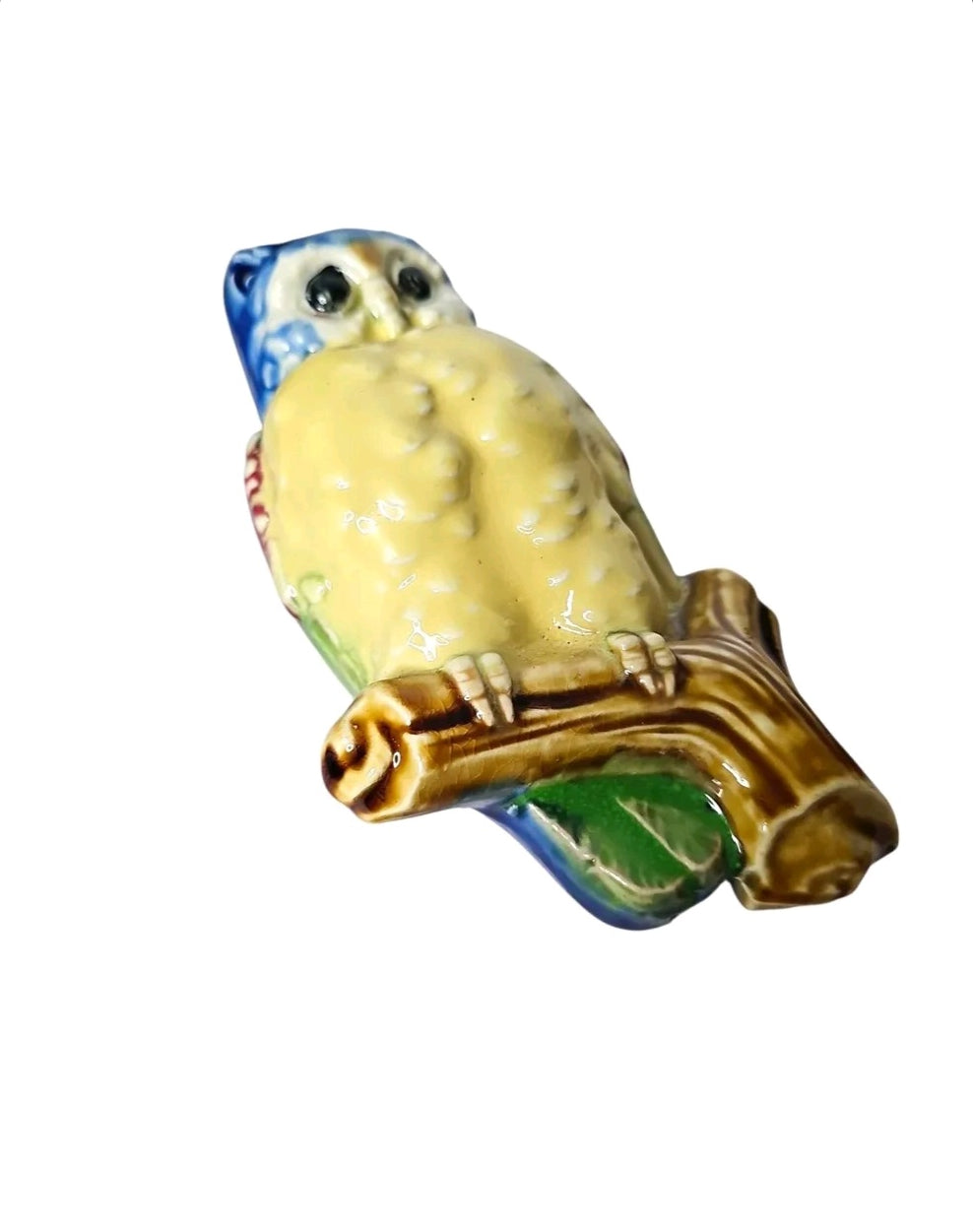 Oddly Darling Vintage ceramic owl wall pocket vase with yellow, blue, and brown hand-painted glossy finish.