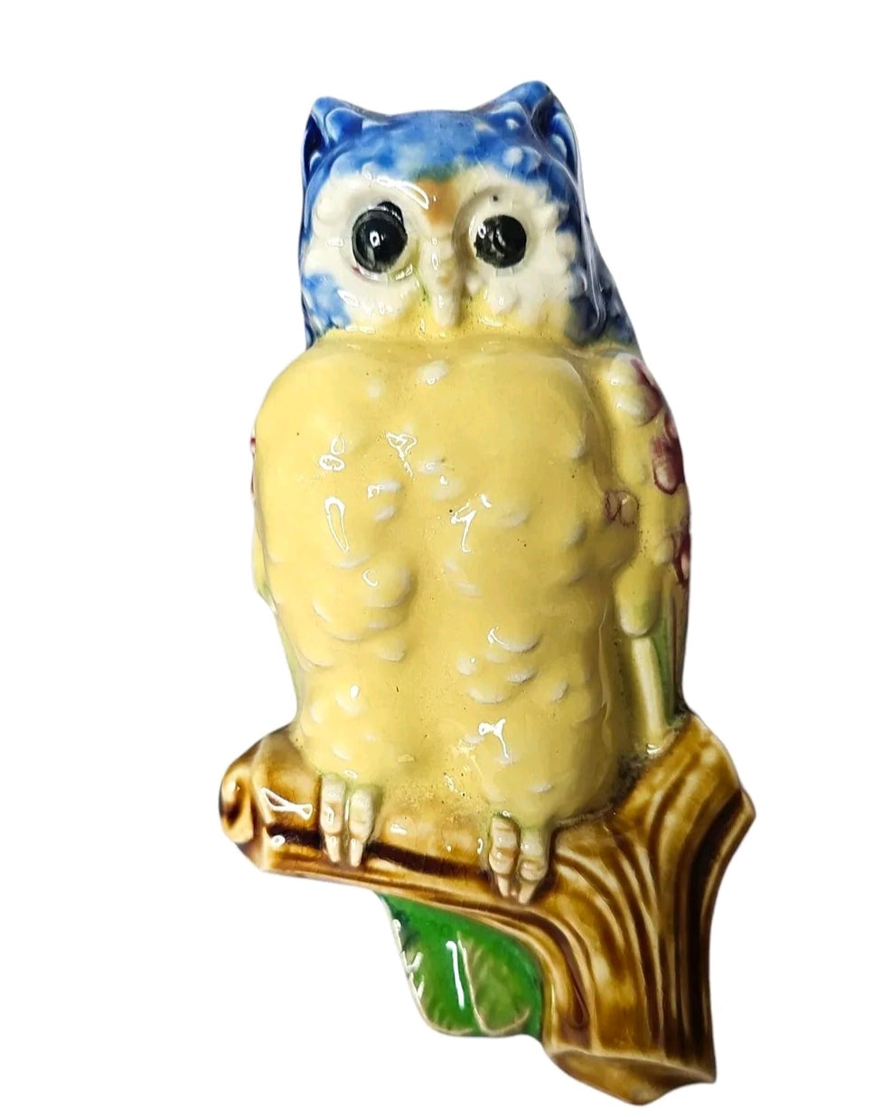 Oddly Darling Vintage ceramic owl wall pocket vase with glossy yellow, blue, and brown hand-painted details.