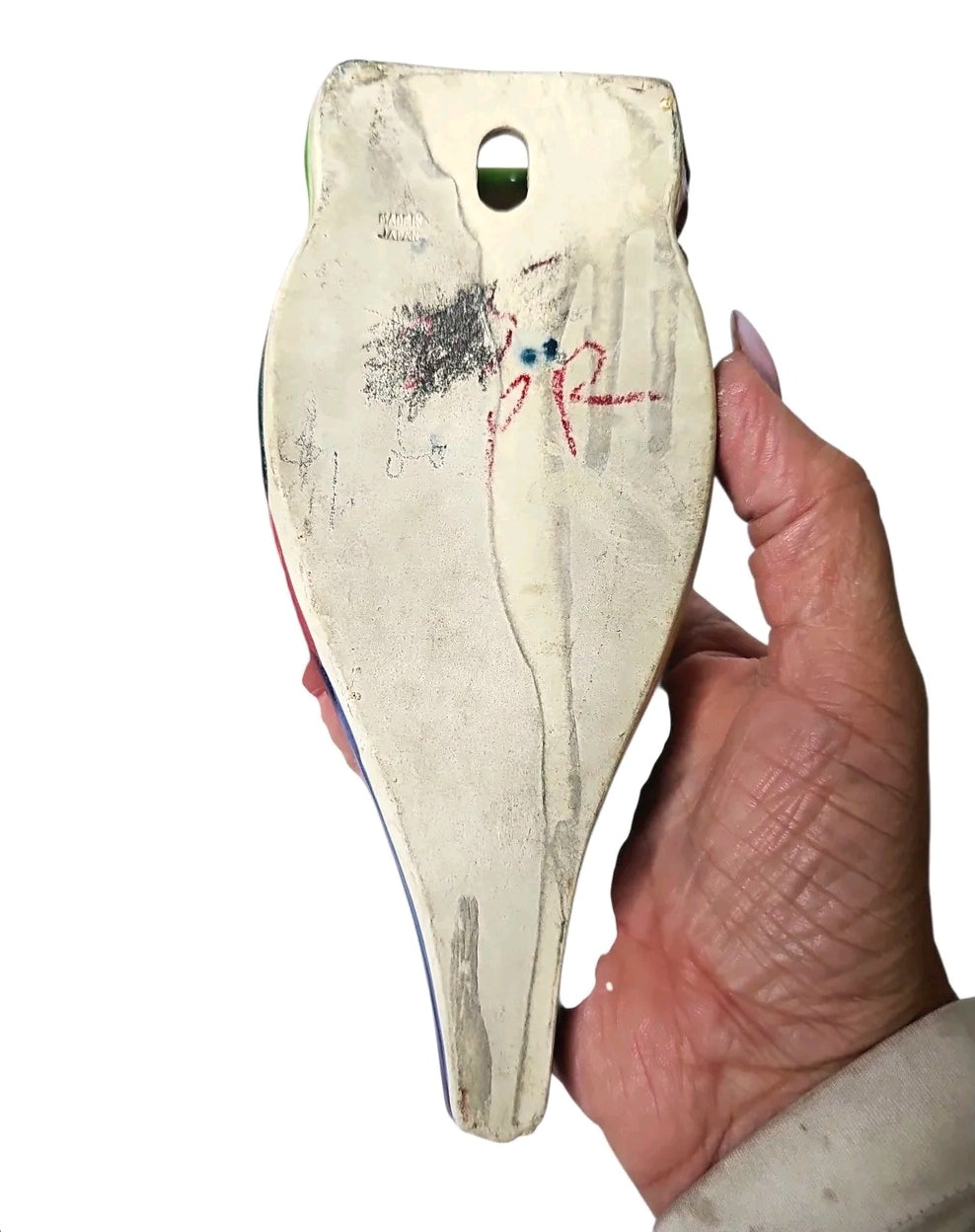 Oddly Darling Vintage ceramic parrot wall pocket planter back view showing mounting hole and maker mark