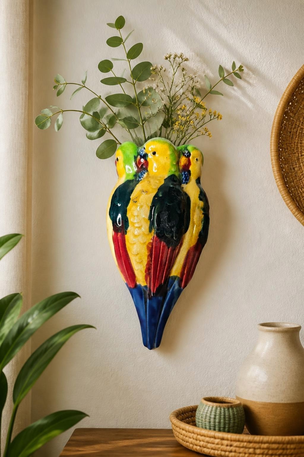 Oddly Darling Vintage ceramic parrot wall pocket planter with a glossy finish in yellow, green, red, and blue.