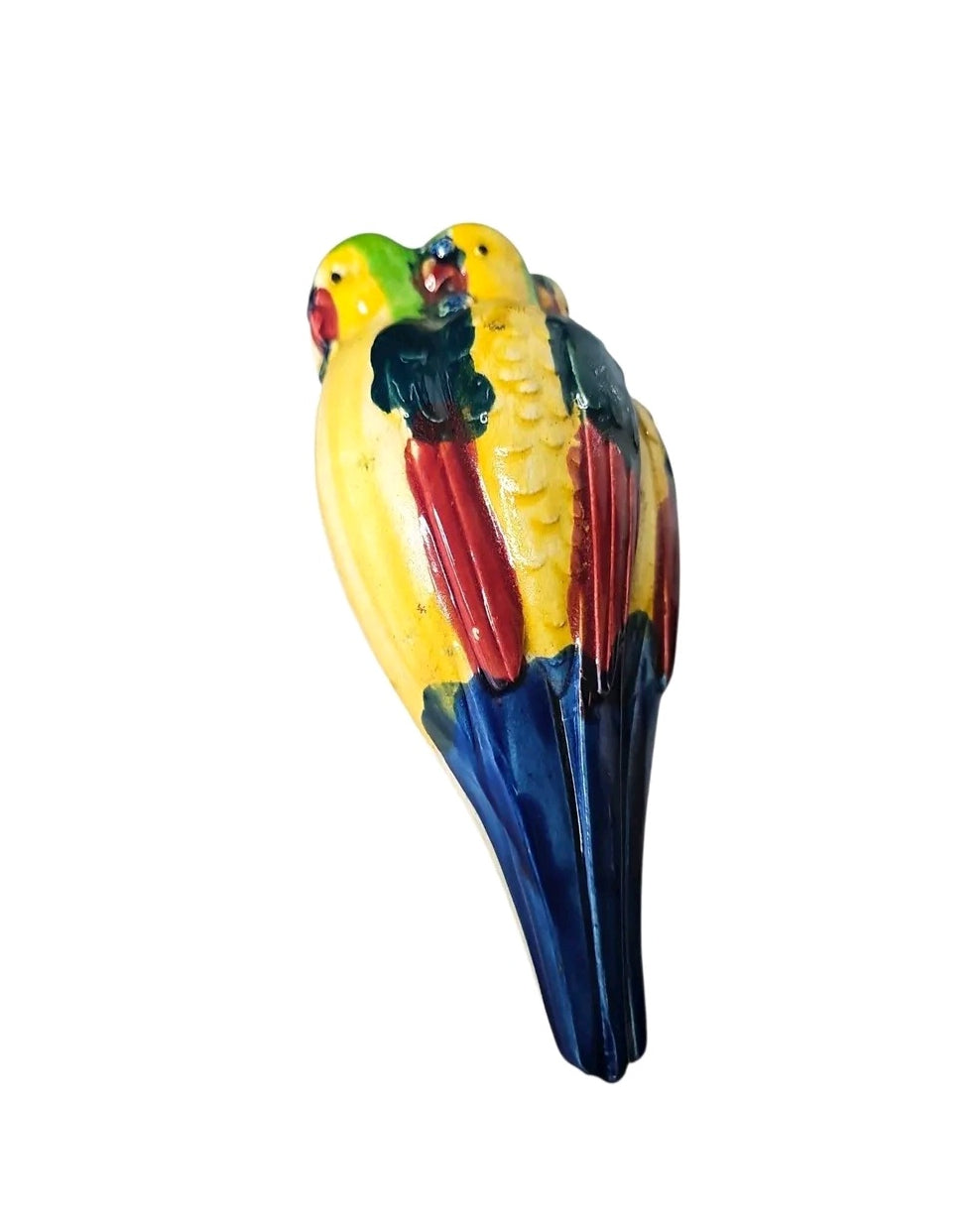Oddly Darling Vintage ceramic parrot wall pocket planter with vibrant yellow, green, red, and blue glossy finish.