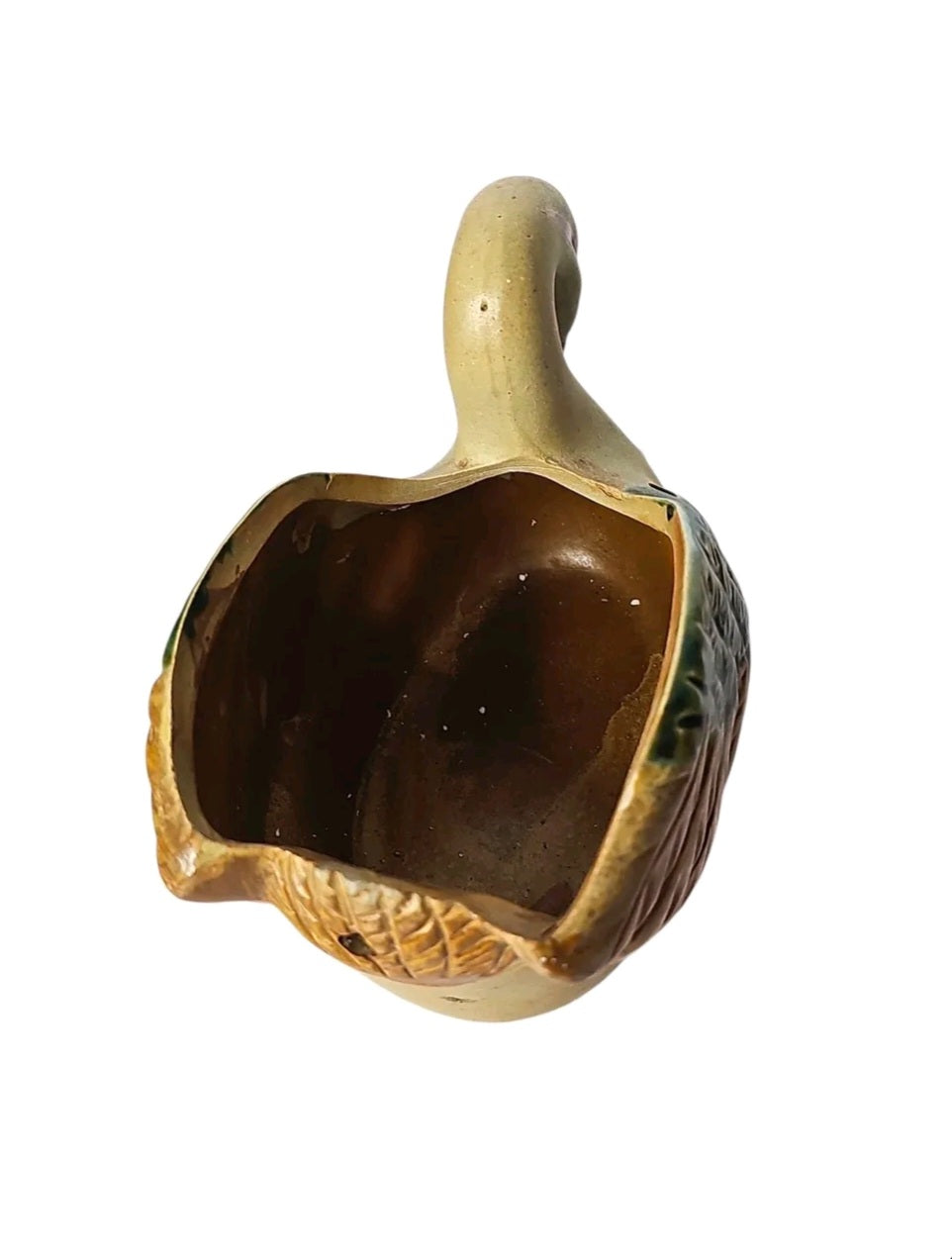 Oddly Darling Vintage ceramic swan planter with rustic green and brown hand-painted wing details on a neutral base.