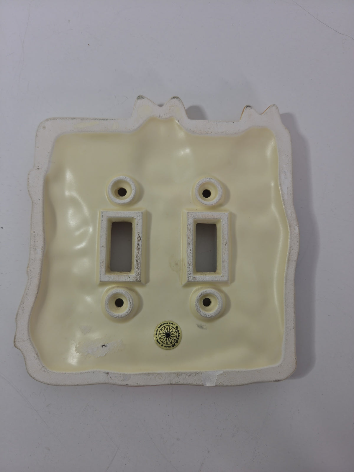 Oddly Darling Vintage Takahashi ceramic double light switch plate back view with cream finish and maker mark