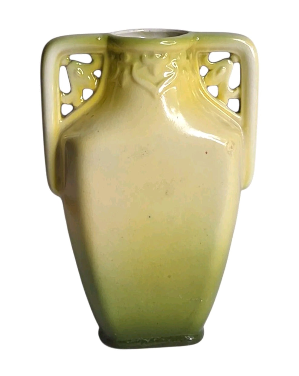 Oddly Darling Vintage ceramic vase with a cream to moss green gradient and intricate cut-out architectural handles.