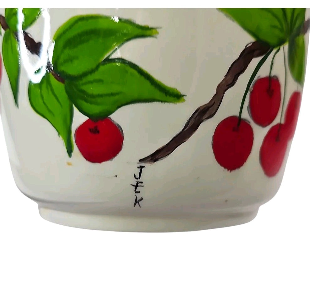 Oddly Darling Vintage cream ceramic decanter featuring hand-painted red cherry motifs and green leaves