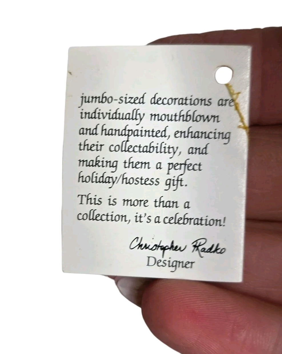 Oddly Darling Vintage Christopher Radko ornament tag with printed text about mouthblown handpainted holiday decor