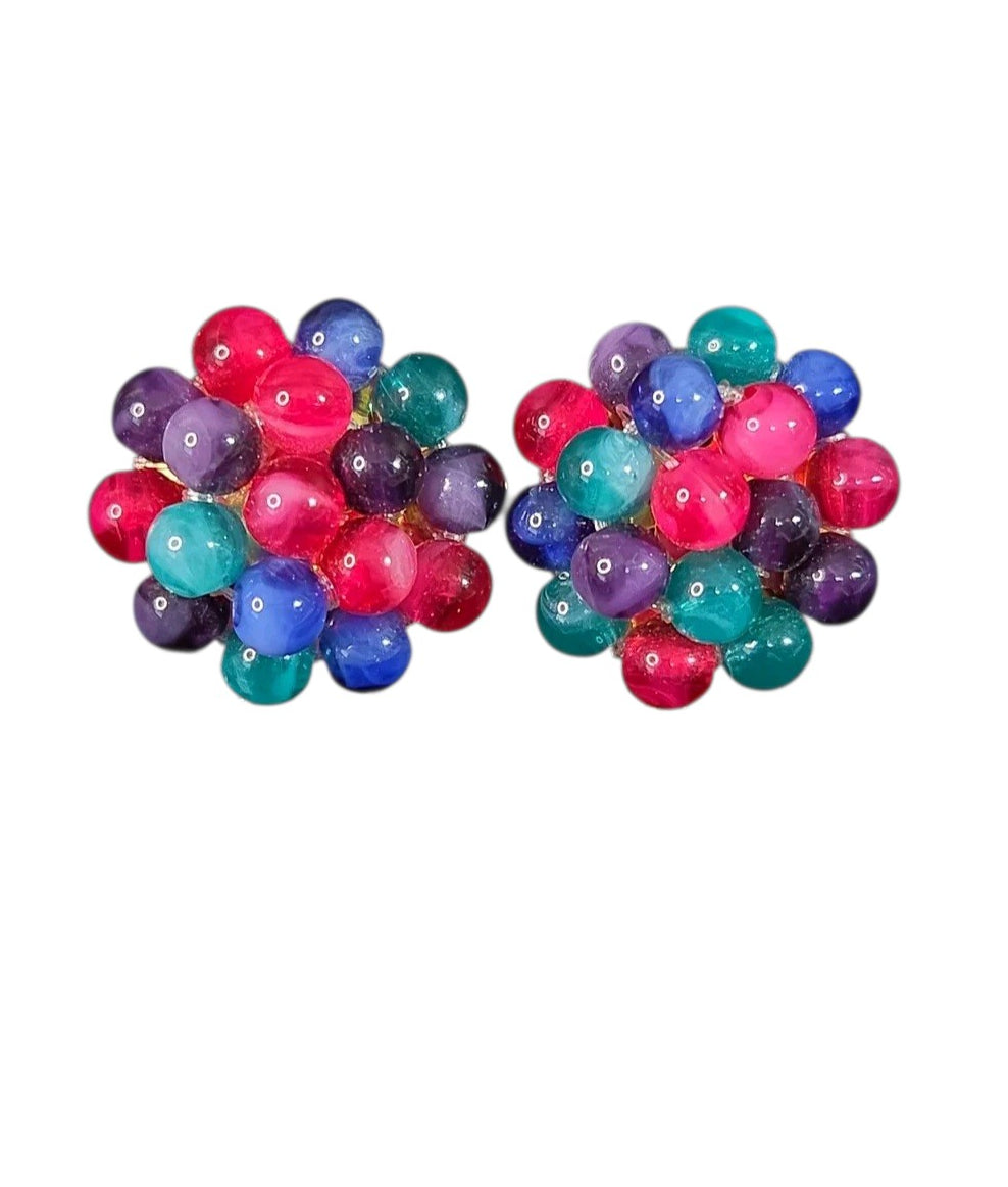 Oddly Darling Vintage multi-colored cluster bead clip-on earrings with magenta, teal, blue, and purple spheres.