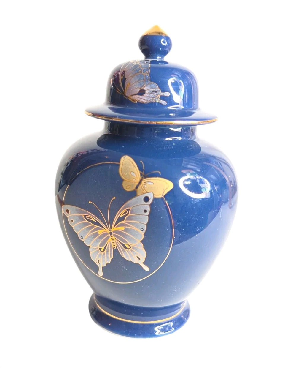 Oddly Darling Vintage cobalt blue porcelain ginger jar with hand-painted gold butterfly motifs and a gold-toned lid.