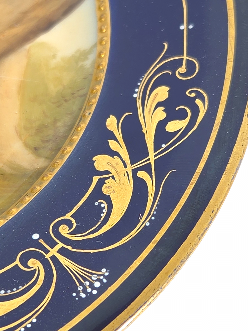 Oddly Darling Vintage porcelain plate with deep cobalt blue border, gold-gilt scrollwork, and delicate floral motifs.