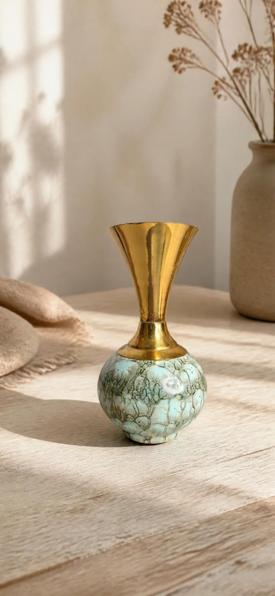 Oddly Darling Vintage bud vase with a blue-green crackle ceramic base and a polished brass flared neck.
