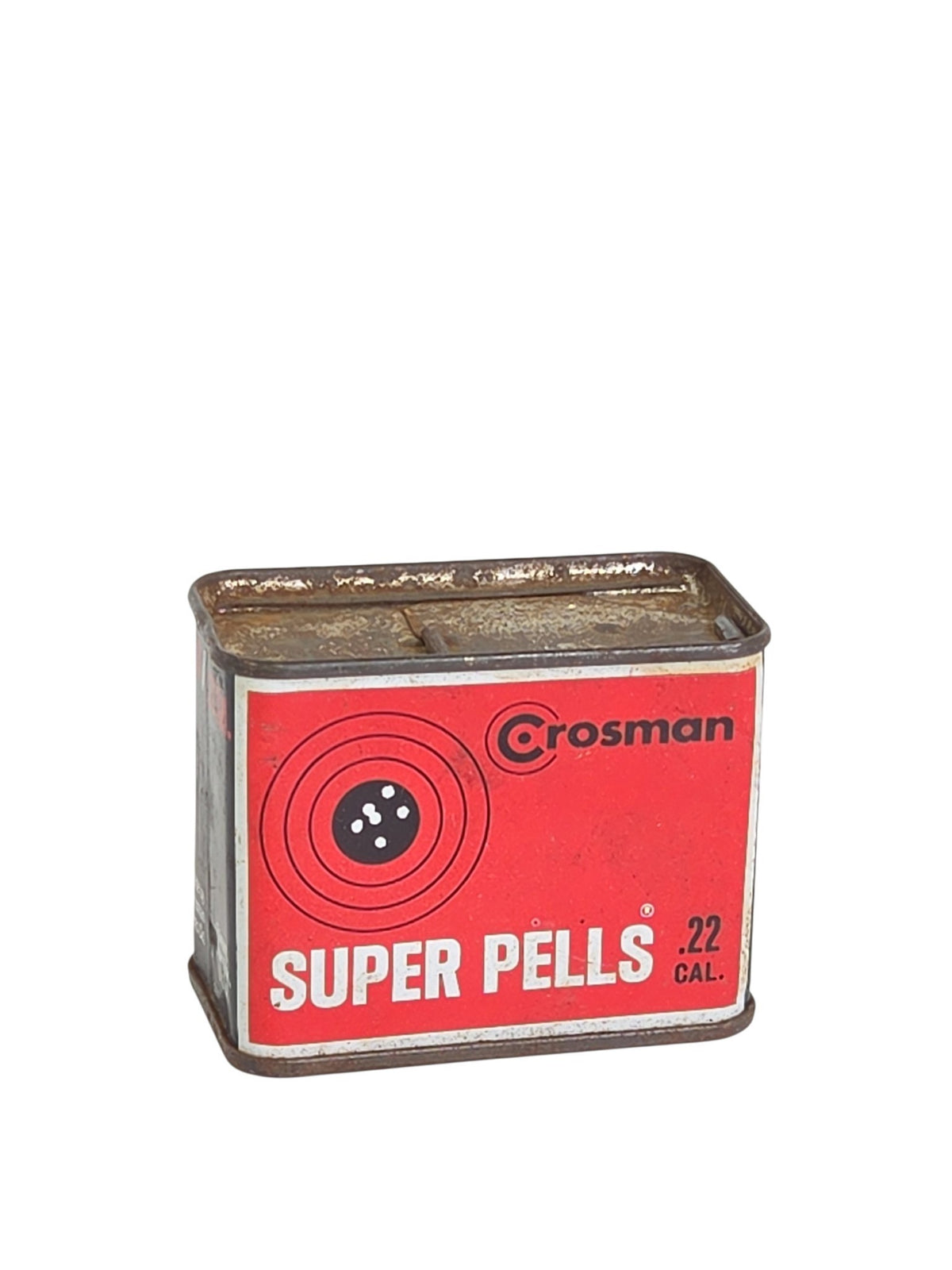 Oddly Darling Vintage Crosman Super Pells .22 caliber pellet tin with weathered red and black metal finish