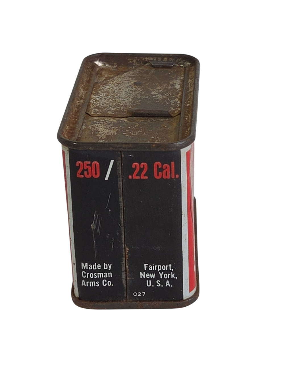 Oddly Darling Vintage Crosman Super Pells .22 caliber pellet tin with weathered patina and classic red and black label