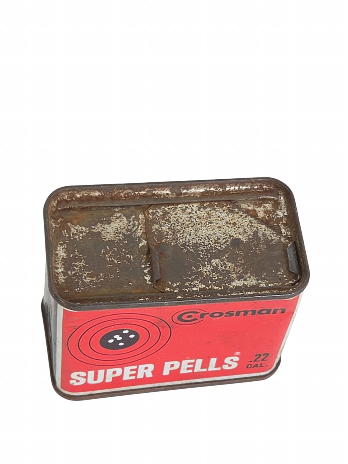 Oddly Darling Vintage Crosman Super Pells .22 caliber pellet tin with weathered patina and classic red branding.