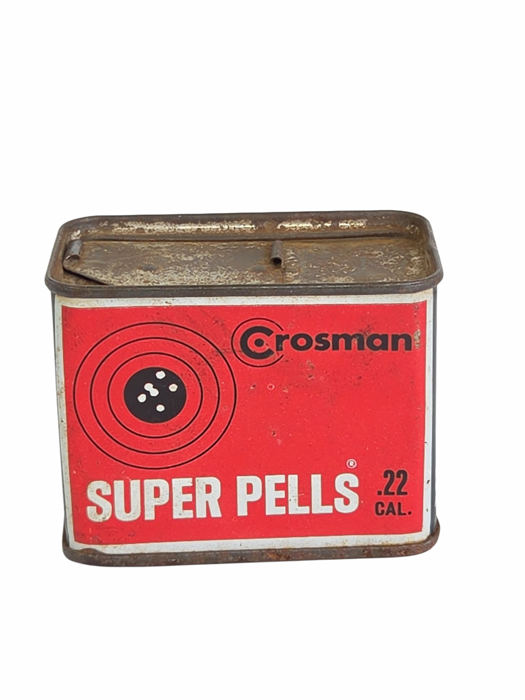 Oddly Darling Vintage Crosman Super Pells .22 caliber pellet tin with weathered red, black, and white metal finish.