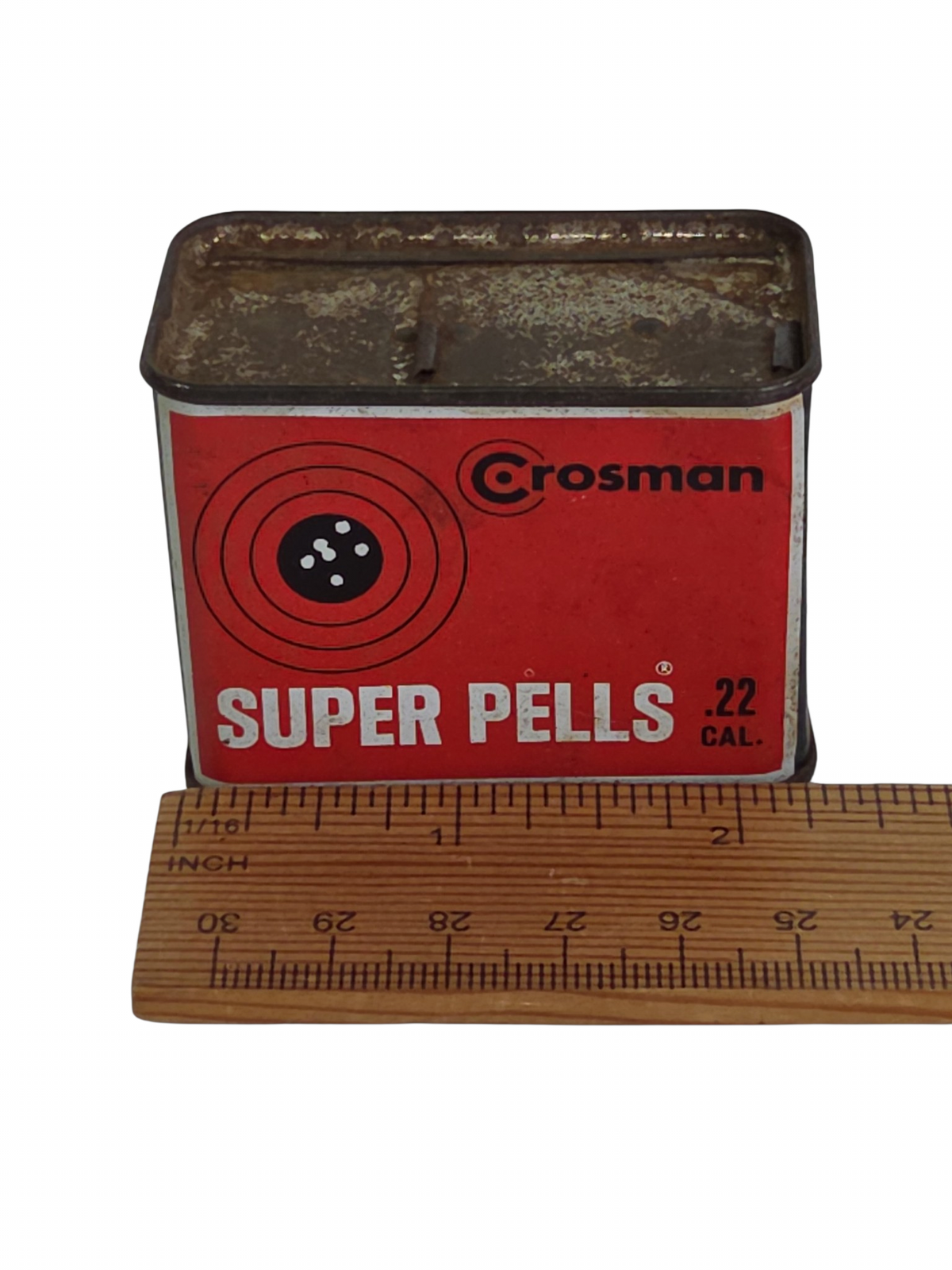 Oddly Darling Vintage Crosman Super Pells .22 caliber pellet tin with weathered patina and classic red branding
