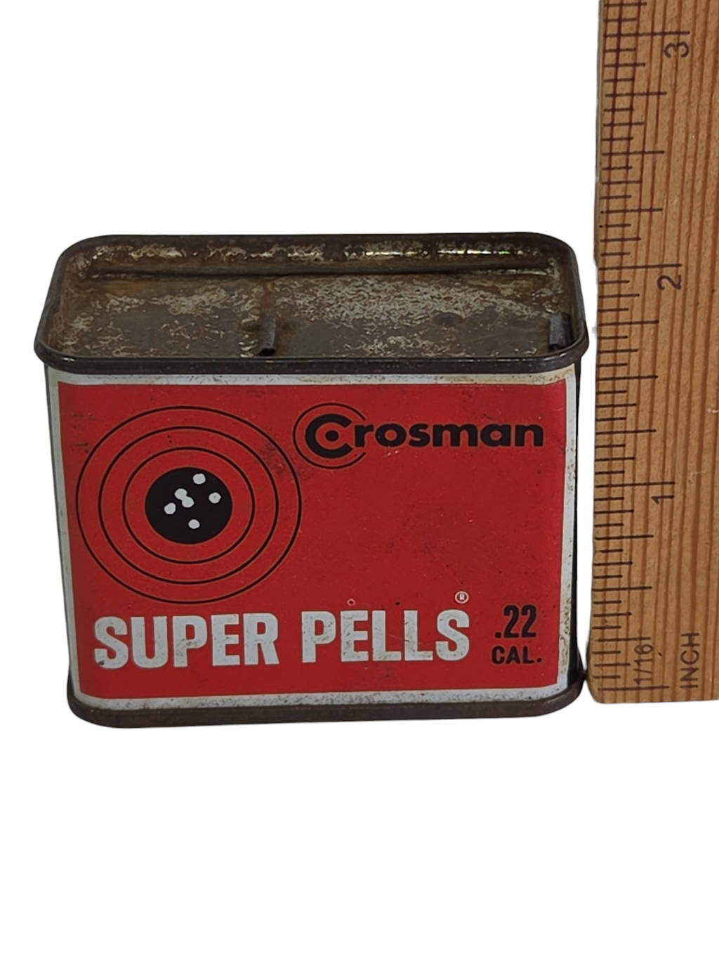 Oddly Darling Vintage Crosman Super Pells .22 caliber pellet tin with red and black branding and weathered patina