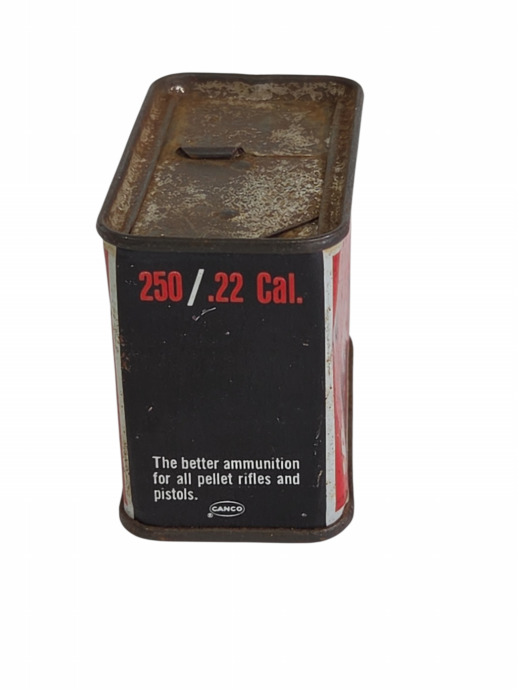 Oddly Darling Vintage Crosman Super Pells .22 caliber pellet tin with weathered patina and classic red and black label