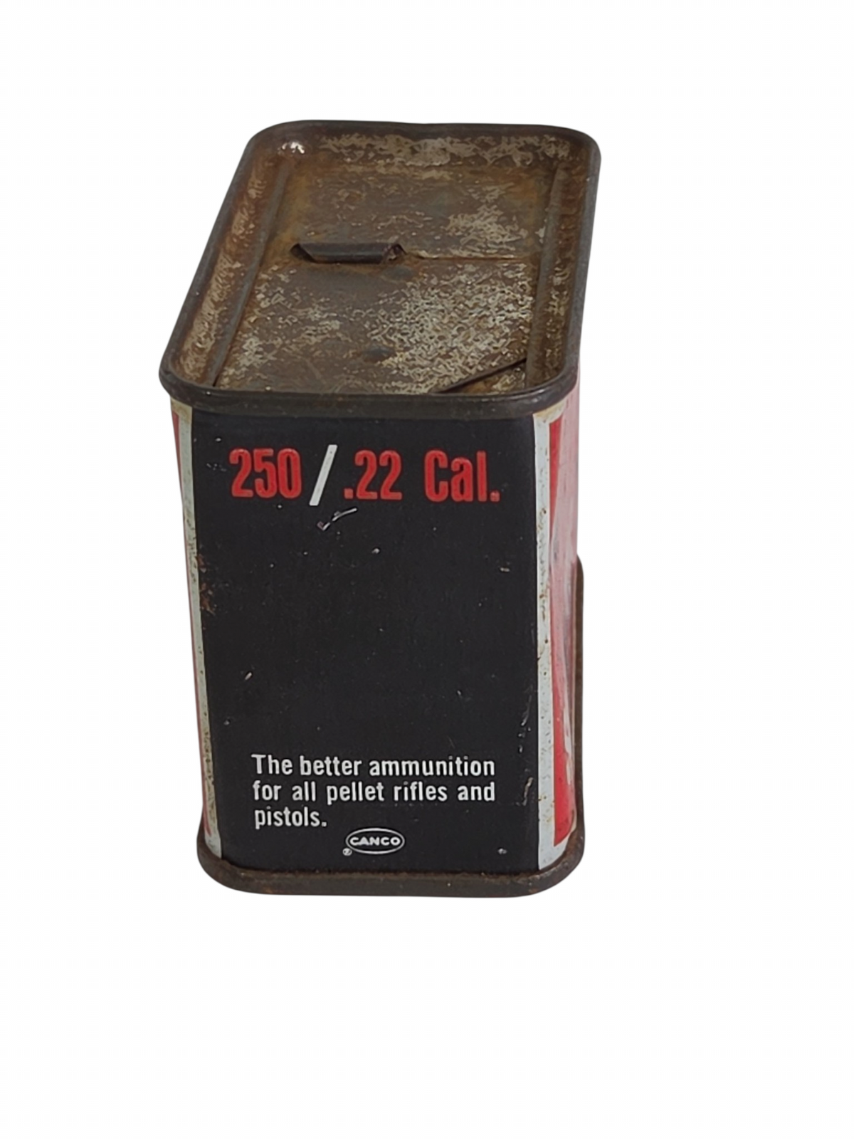 Oddly Darling Vintage Crosman Super Pells .22 caliber pellet tin with weathered patina and classic red and black label