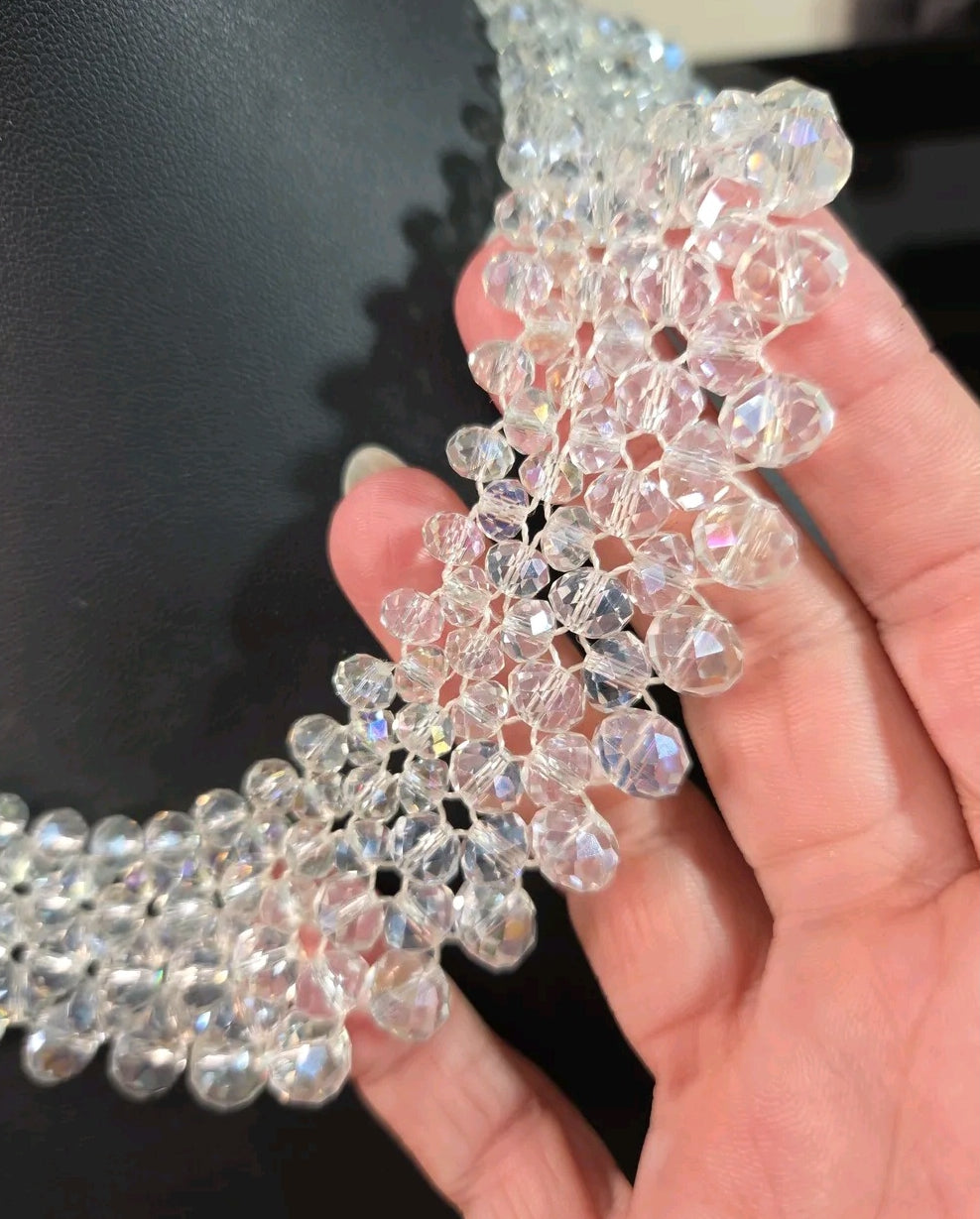 Oddly Darling Vintage handcrafted clear crystal statement collar necklace with intricate multi-layered beadwork.