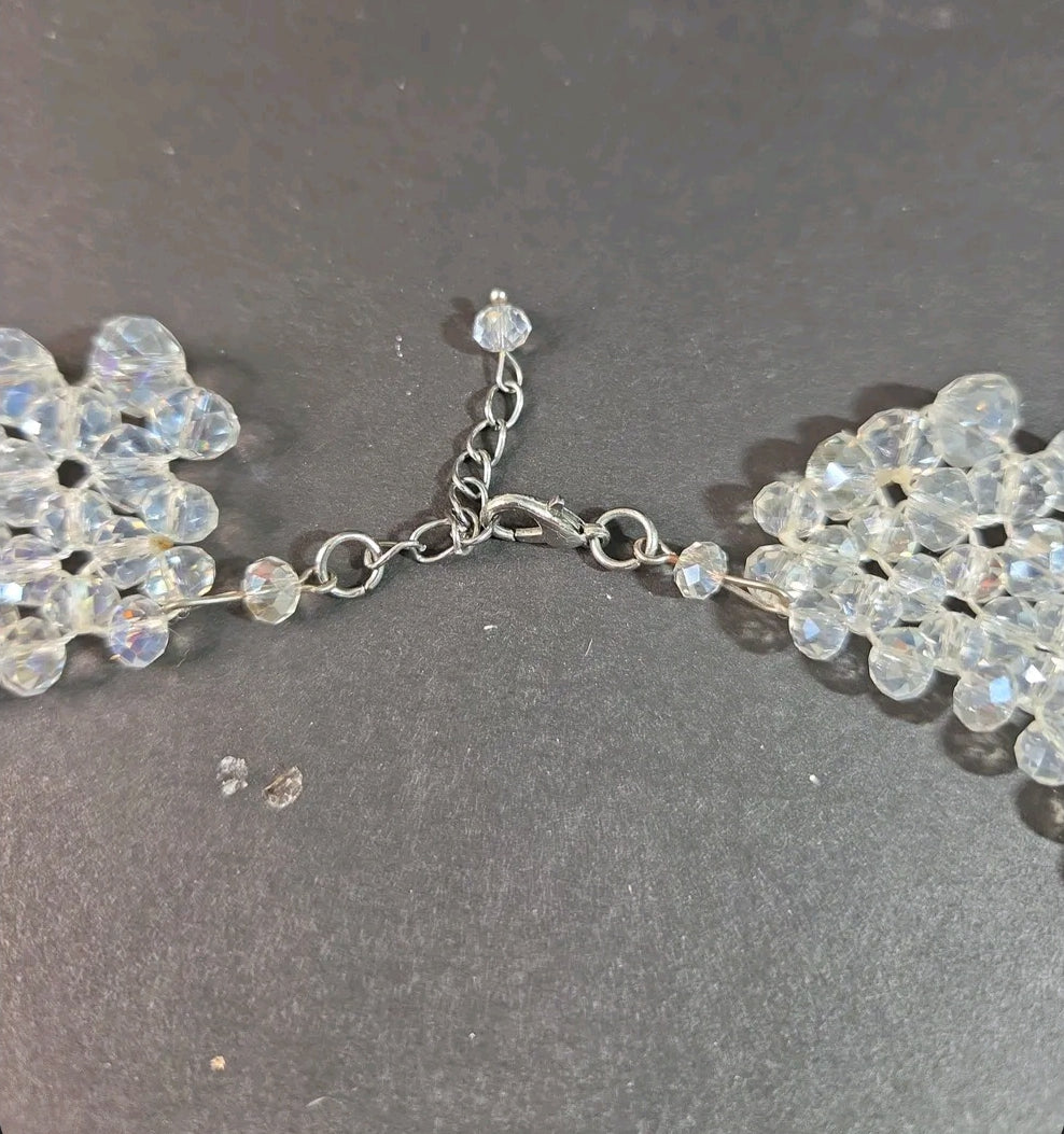 Oddly Darling Vintage crystal statement necklace featuring intricate woven clear beads and an adjustable lobster clasp.