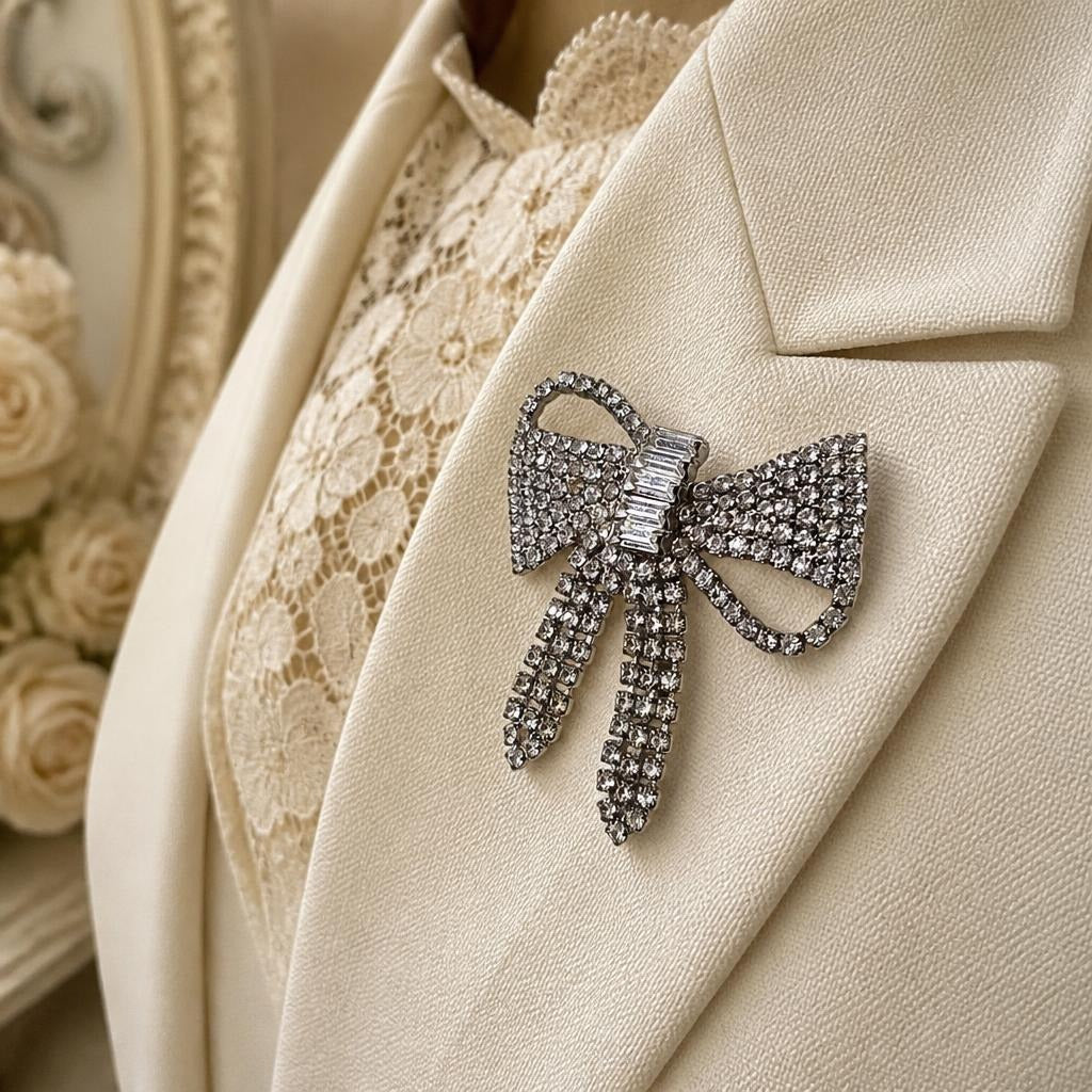 Oddly Darling Vintage crystal bow brooch with baguette and pave rhinestones pinned to a cream blazer lapel