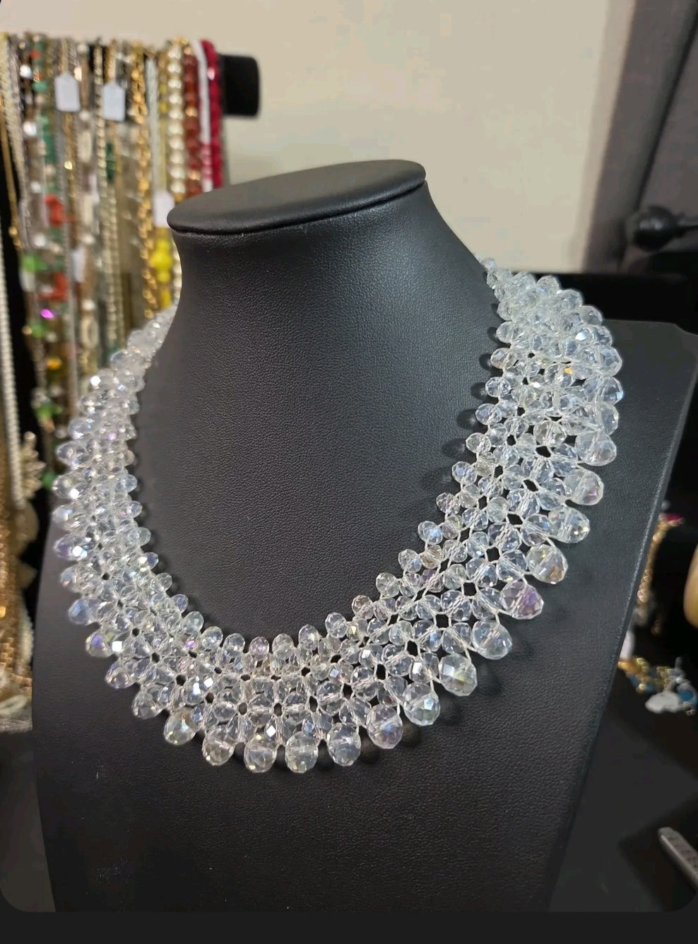 Oddly Darling Vintage multi-layered clear crystal statement collar necklace with intricate woven beadwork