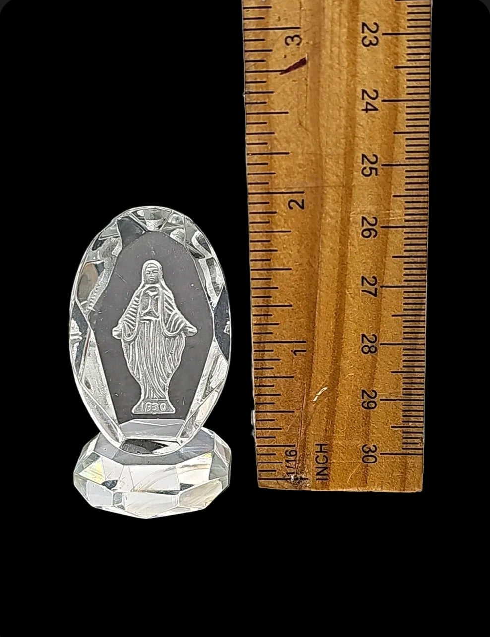 Oddly Darling Vintage clear crystal Miraculous Medal figurine with 3D laser-etched Virgin Mary and 1830 date